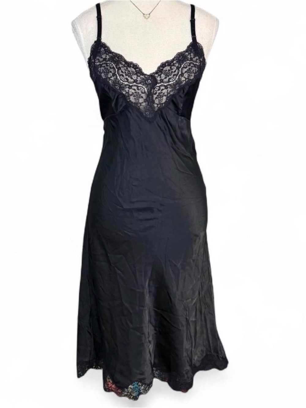 Vintage Christian Dior 90’s Black Lace-Trim Satin Slip Dress Med